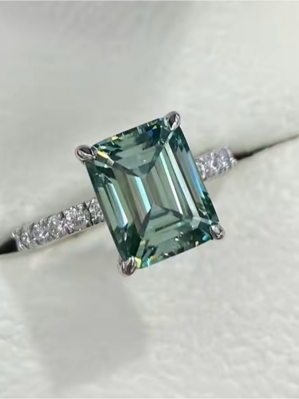 Emerald-Cut Teal Sapphire Ring with Pavé Diamond Band